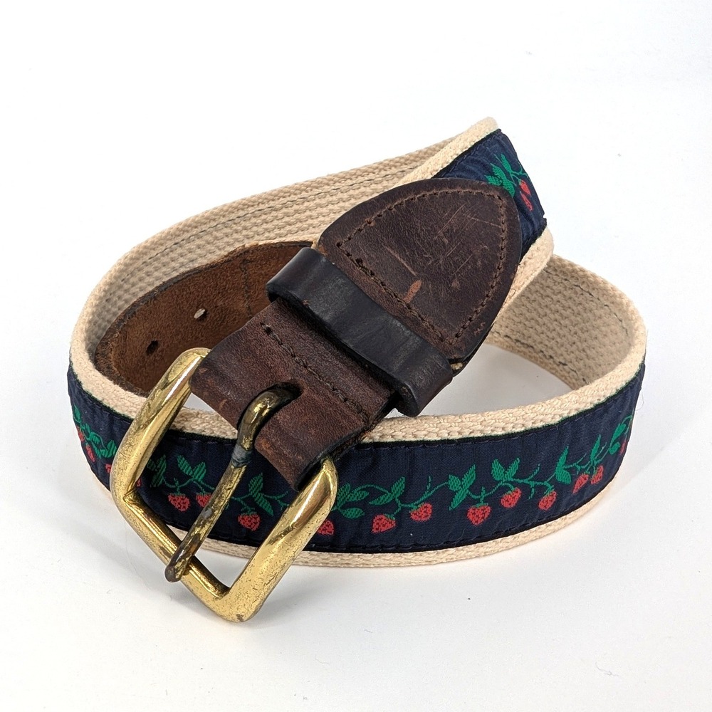 Orvis Strawberry Ribbon Belt Leather Canvas Embroidered New England Size 28